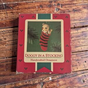 Hallmark DOGGY IN A STOCKING Christmas Ornament 1985 Puppy Dog Bone Striped Sock
